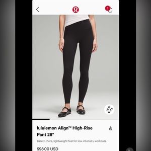 Lululemon Align high-rise 28” pant. Size 6.